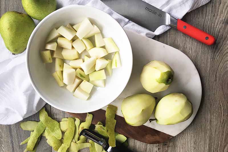 Horizontal image of prepping pears.