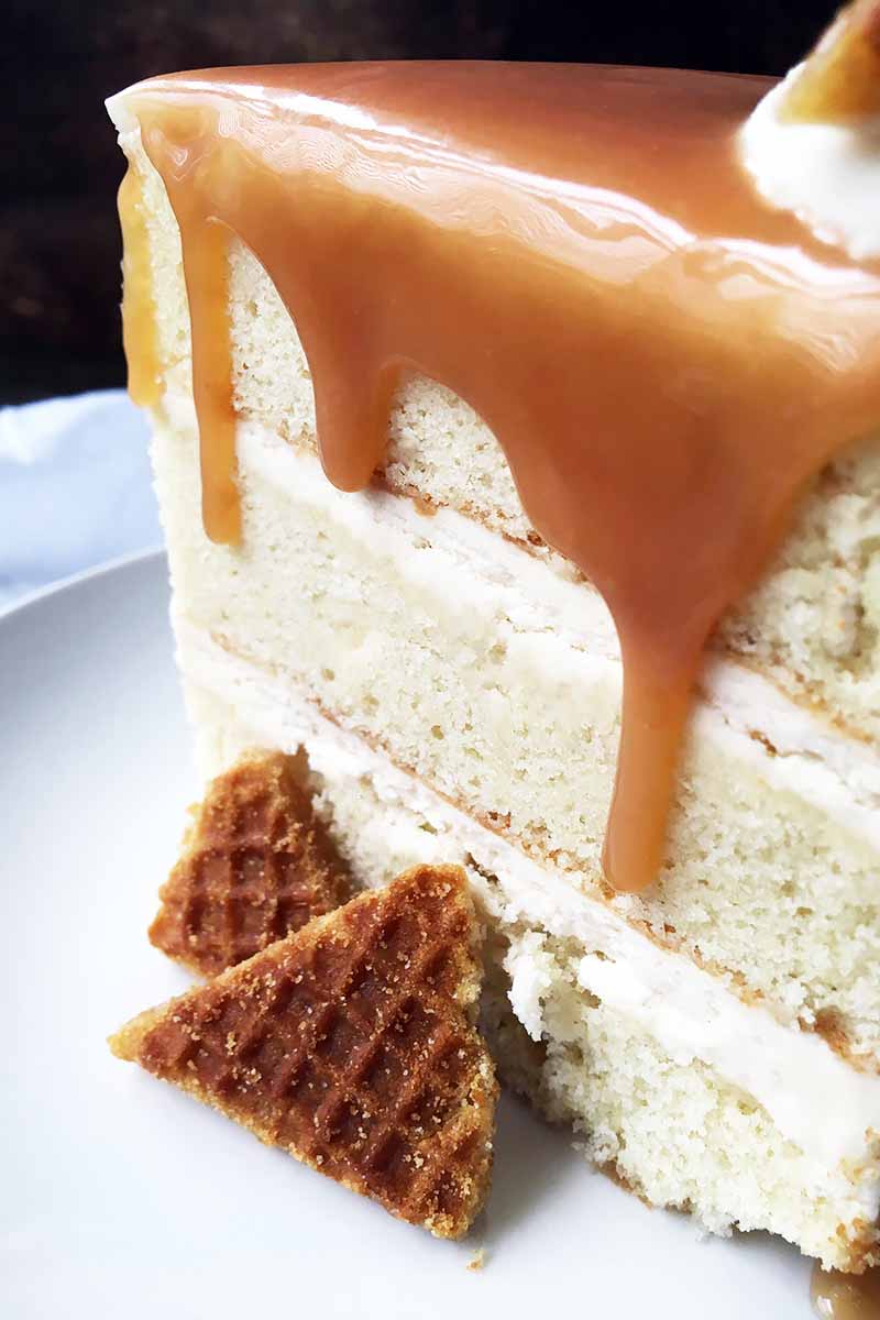 Vertical close-up image of a slice of vanilla cake with a luscious caramel drizzle.