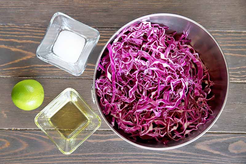 Horizontal overhead image of a stainless steel bowl of shredded red cabbage to the right of two small square glass bowls of salt and oil, and a green lime, on a dark brown wood surface.