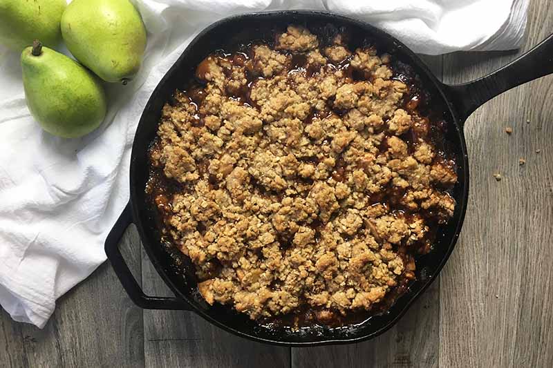 Horizontal image of a cast iron skillet with a baked fruit crisp.