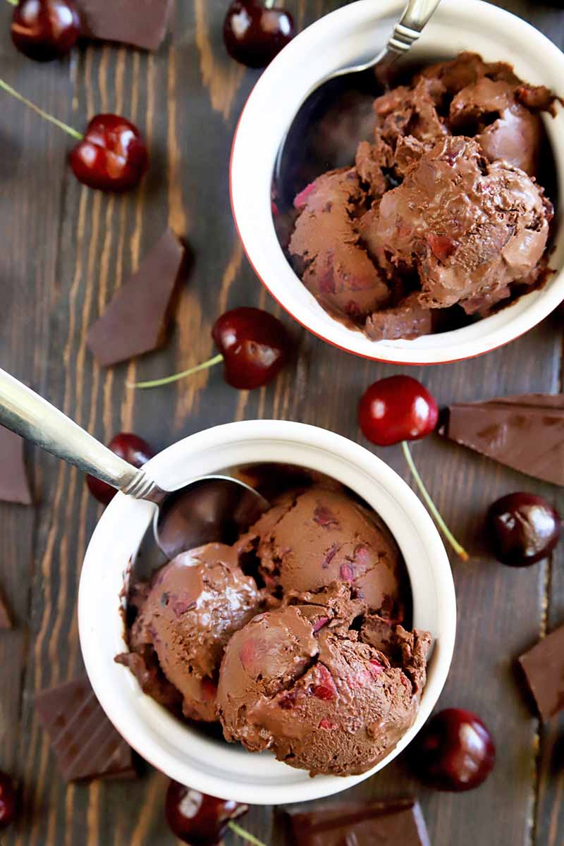 Vertical image of two ramekins with scoopfuls of a dark cocoa frozen dessert with spoons and whole cherries.