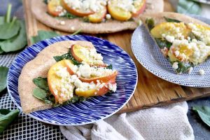 Peach, Spinach, and Goat Cheese Pizza with Kefir Spelt Crust