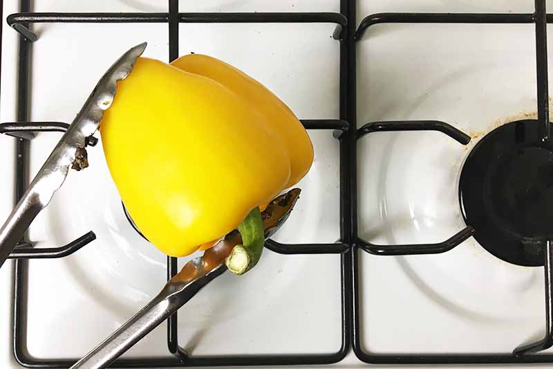 Horizontal image of tongs holding a yellow vegetable over a burner of a stove.