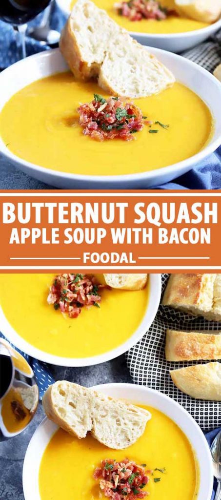 A collage of photos showing different views of a creamy butternut squash and apple soup dish.