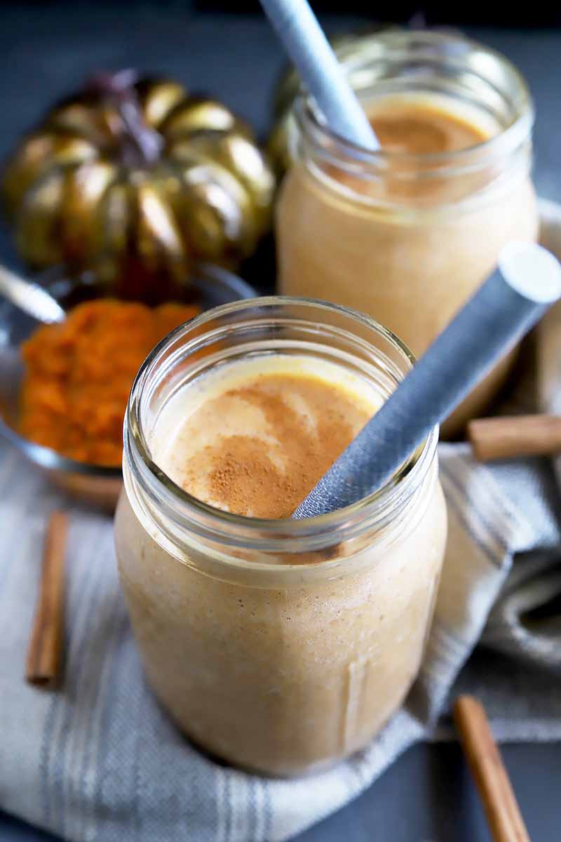 Vertical close-up image of pumpkin pie smoothies with swirls of spice on top.