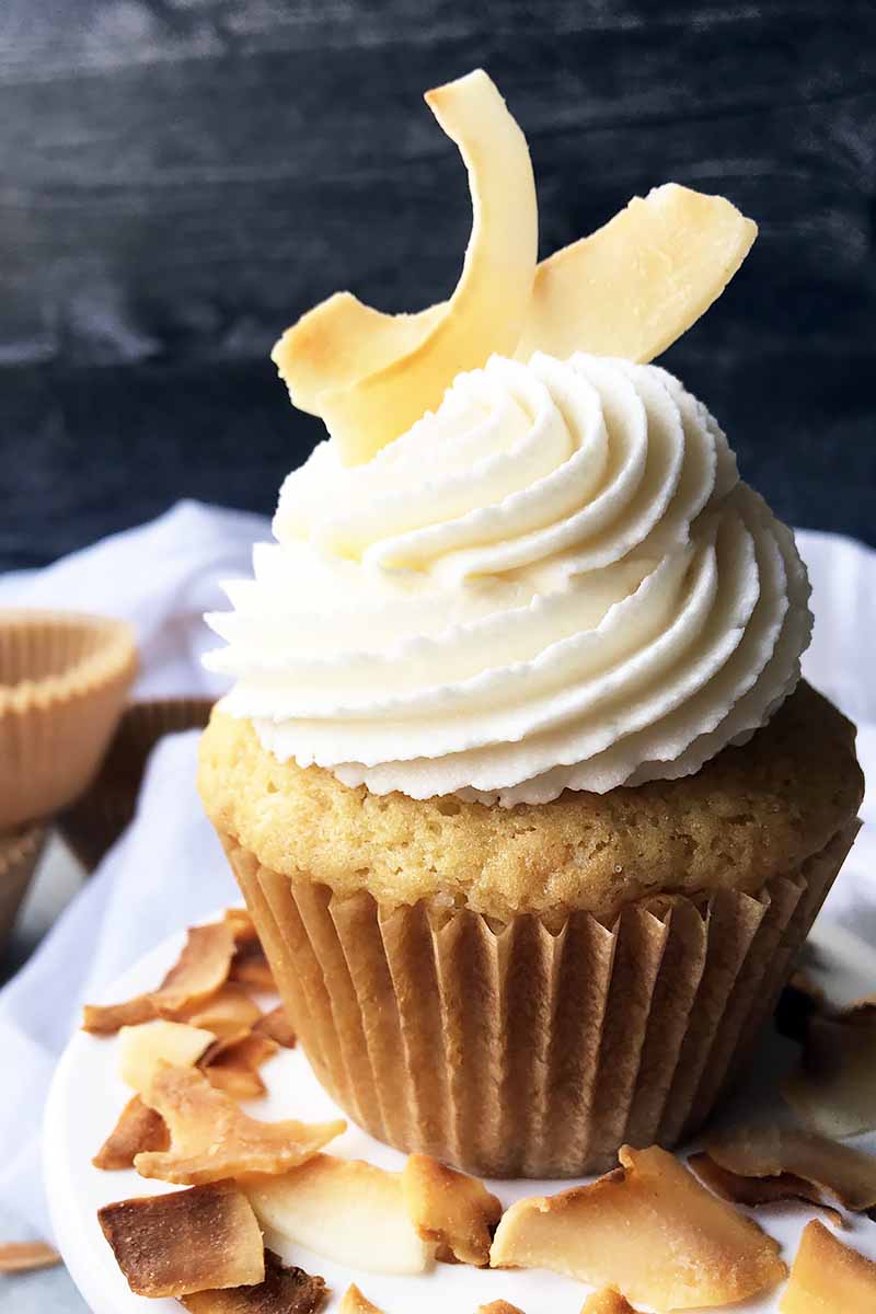 Vertical image of one single decorated cupcake with vanilla frosting, next to toasted garnishes.