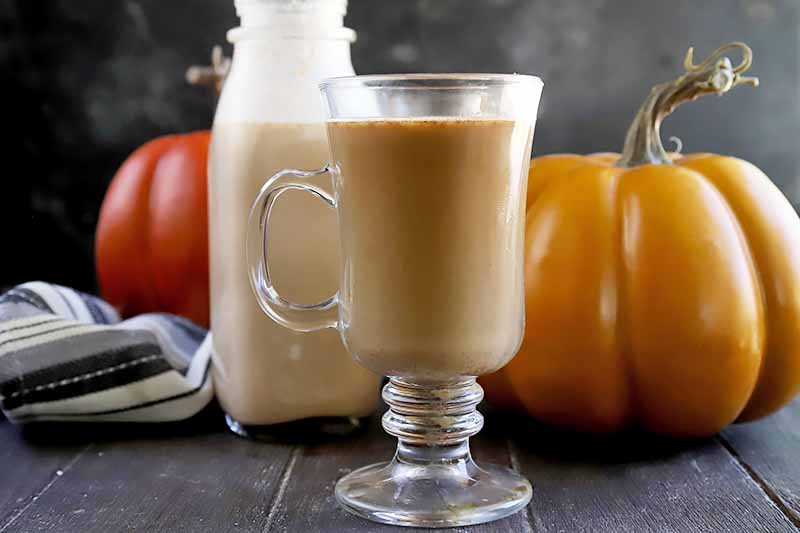 Horizontal image of a glass of pumpkin spice latte in front of a glass jar and orange squash.
