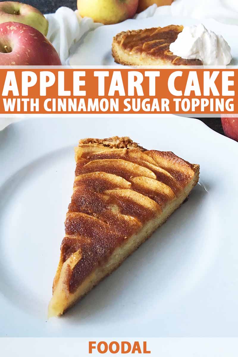 Vertical image of slices of apple tart cake on white plates, with text on the top and bottom of the image.
