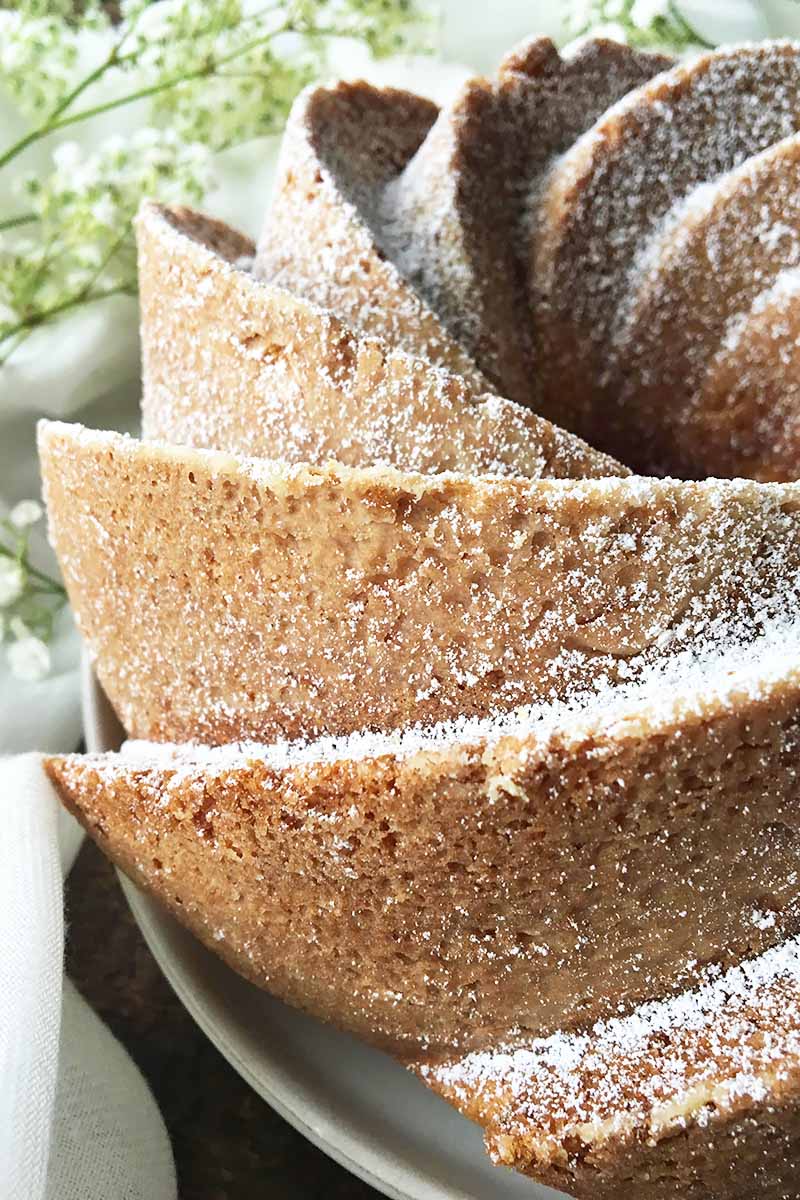 Vertical close-up image of the designs of a bundt covered in confectioners sugar.