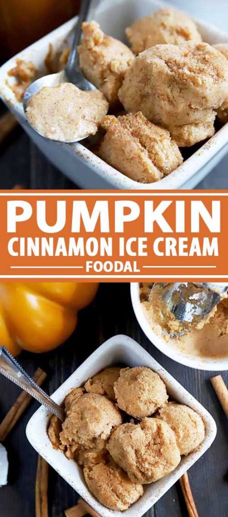 A collage of photos showing different views of a pumpkin cinnamon ice cream dish.