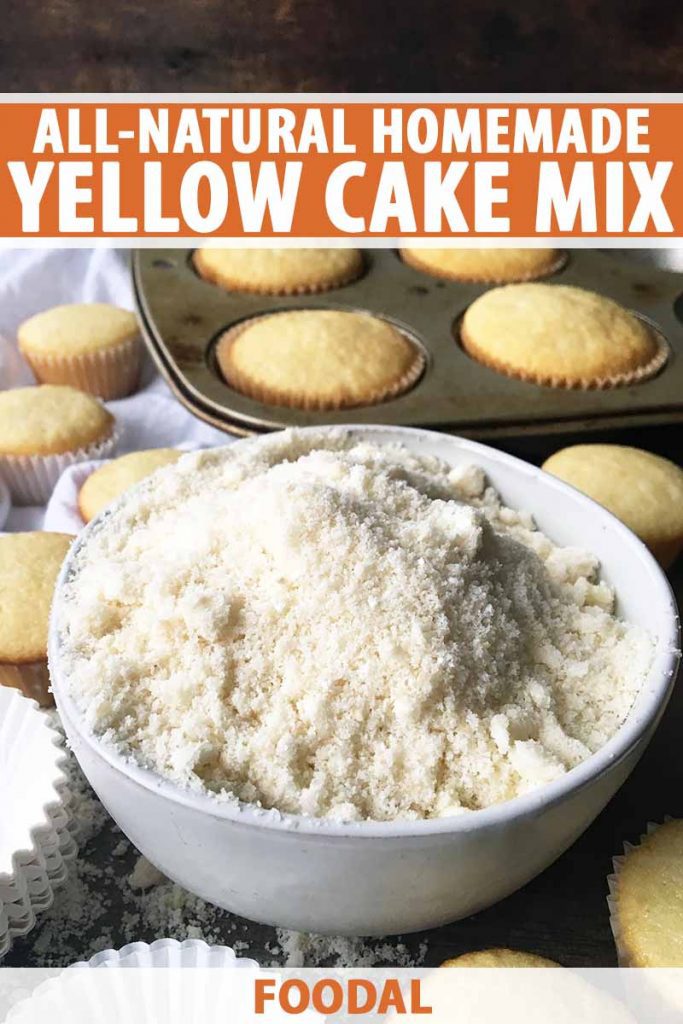 Vertical image of a white bowl with a dry and sandy white powder next to cupcakes, with text on the top and bottom of the image.