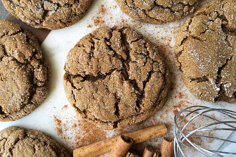 Horizontal image of light brown cookies scattered on a white board next to whole cinnamon sticks, scattered powdered warming spice, and a whisk.