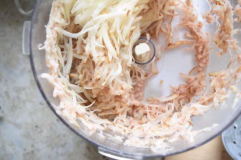 Overhead closely cropped photo of shredded potatoes in the clear plastic canister of a food processor.