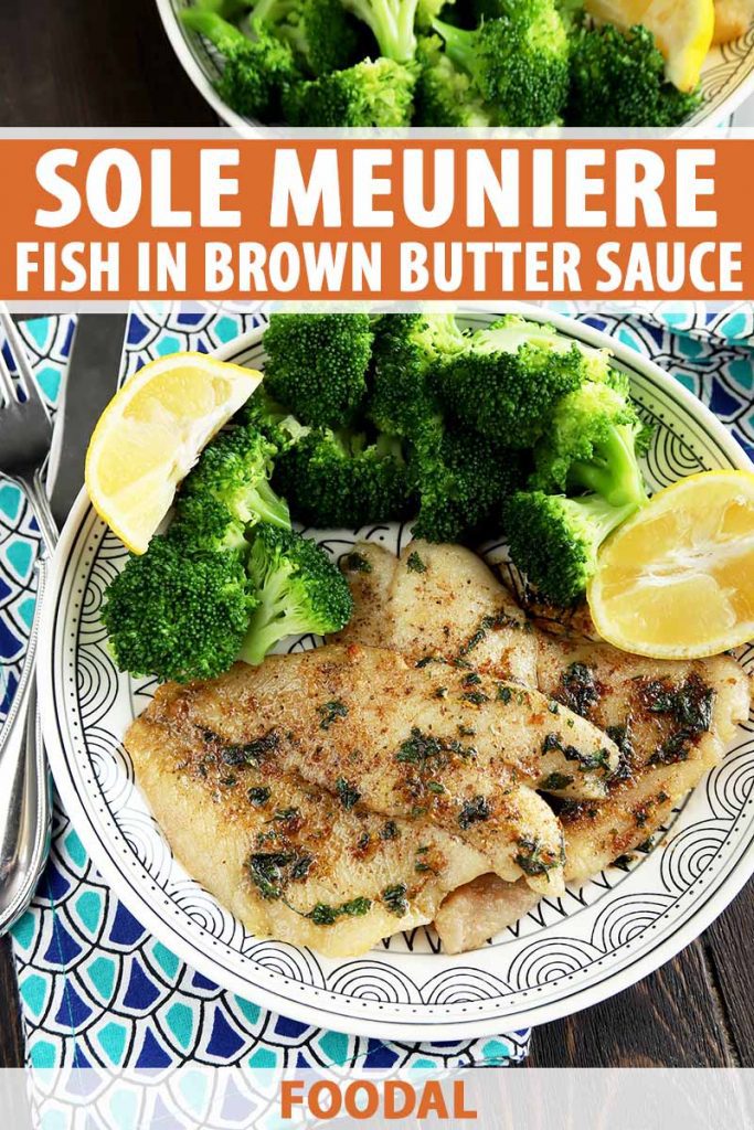 Horizontal image of a plateful of fish, broccoli florets, and lemon wedges, with text on the top and bottom of the image.