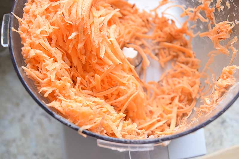 Closely cropped overhead image of shredded sweet potato in the open clear plastic canister of a food processor.