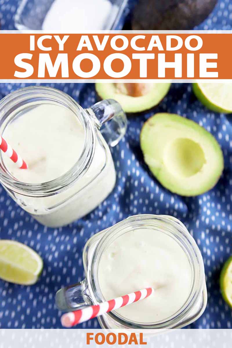 Vertical overhead image of two glass jars with handles filled with a smoothie with red and white striped straws, on a blue cloth with white speckles, with halved avocados and lime wedges, printed with orange and white text near the top and at the bottom of the frame.