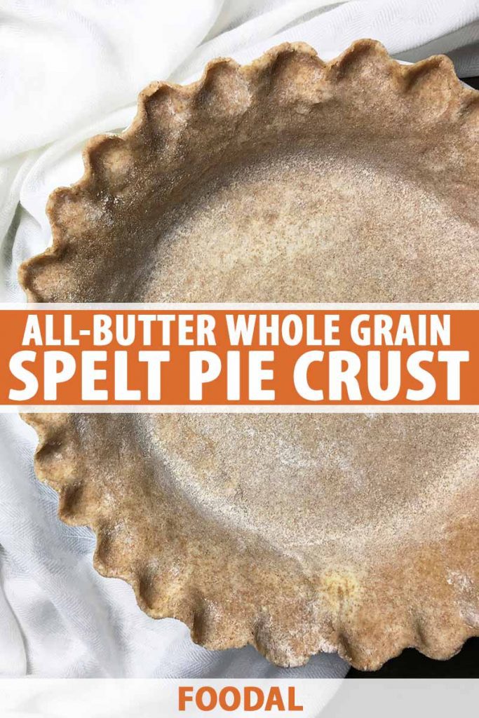 Vertical image of a raw pie crust with crimped edges, with text in the middle and on the bottom.
