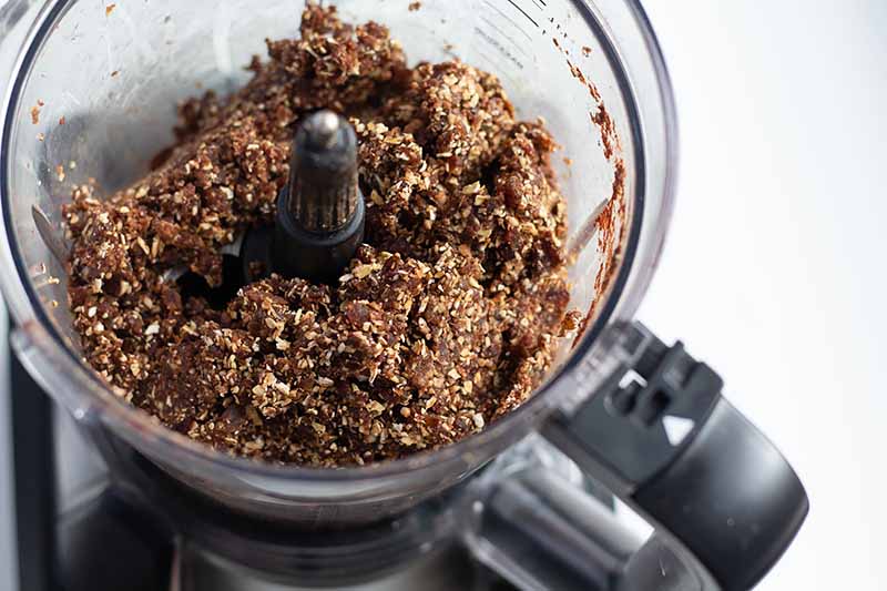 Closely cropped overhead horizontal image of a mixture of dates and oats in a food processor with a black handle and base, and clear plastic canister, on a white background.