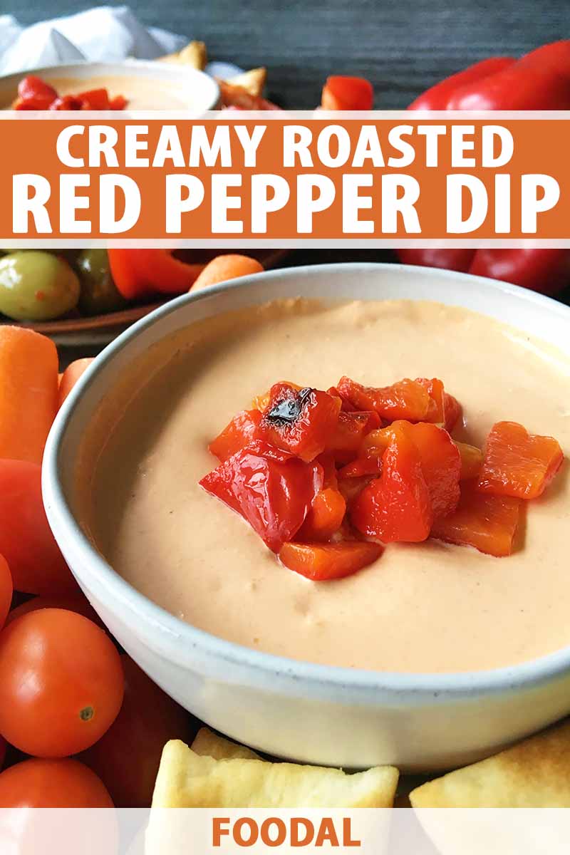 Vertical image of a bowl of dip with a red vegetable garnish, with text on the top and bottom of the image.