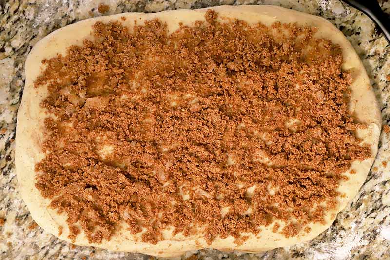 Horizontal image of a cinnamon sugar mixture evenly spread on a rectangular piece of dough.