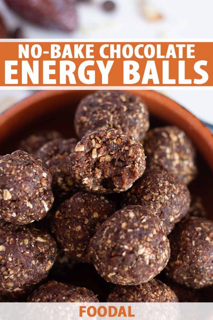 Vertical closeup image of a terra cotta ceramic bowl filled with chocolate energy balls, on a white background with scattered dates, nuts, and oats in soft focus, printed with orange and white text in the top third and at the bottom of the frame.