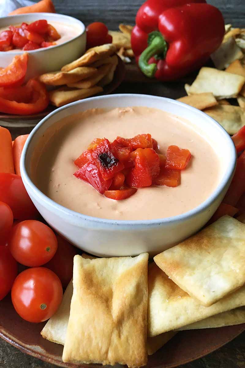 Vertical image of a bowl with a light red sauce and a vegetable garnish on a plate with crackers and crudite.