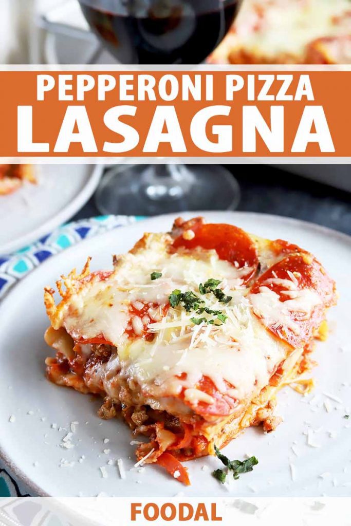 Vertical image of a square portion of lasagna topped with a garnish of minced parsley on a white plate, with another plate and a pan filled with the dish in the background, beside a glass of red wine, printed with orange and white text in the top third and at the bottom of the frame.