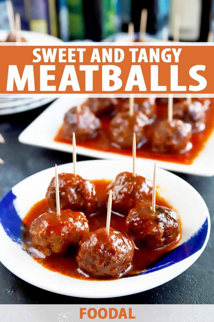 Vertical image of a plate and platter with mini meatball appetizers, with text on the top and bottom.