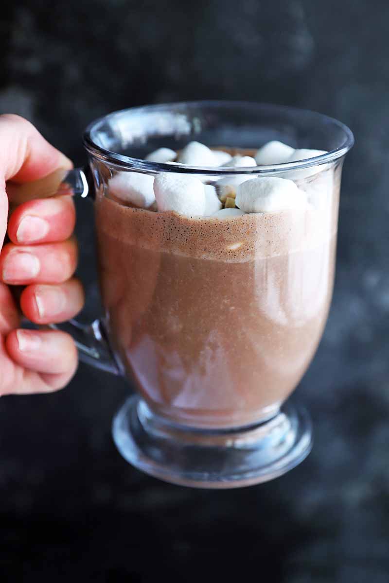 Vertical head-on image of a hand holding a clear glass mug of chestnut hot chocolate topped with mini marshmallows, on a mottled dark gray background.