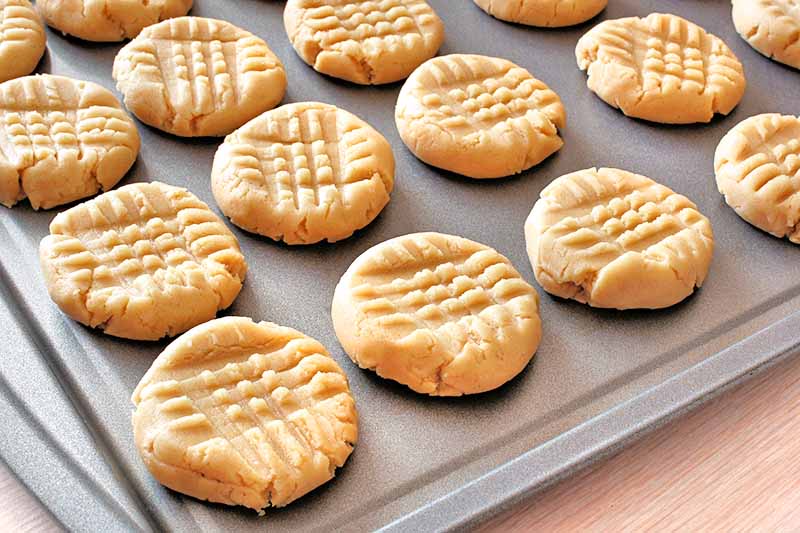 Horizontal closely cropped oblique overhead image of peanut butter cookies with a grid pattern on top made with a fork, arranged in rows on a metal sheet pan, on a beige countertop.