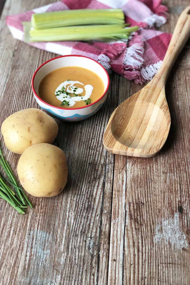 Vertical image of a bowl of light orange soup with assorted garnishes next to two whole potatoes, chives, a wooden spoon, and a red and white towel.