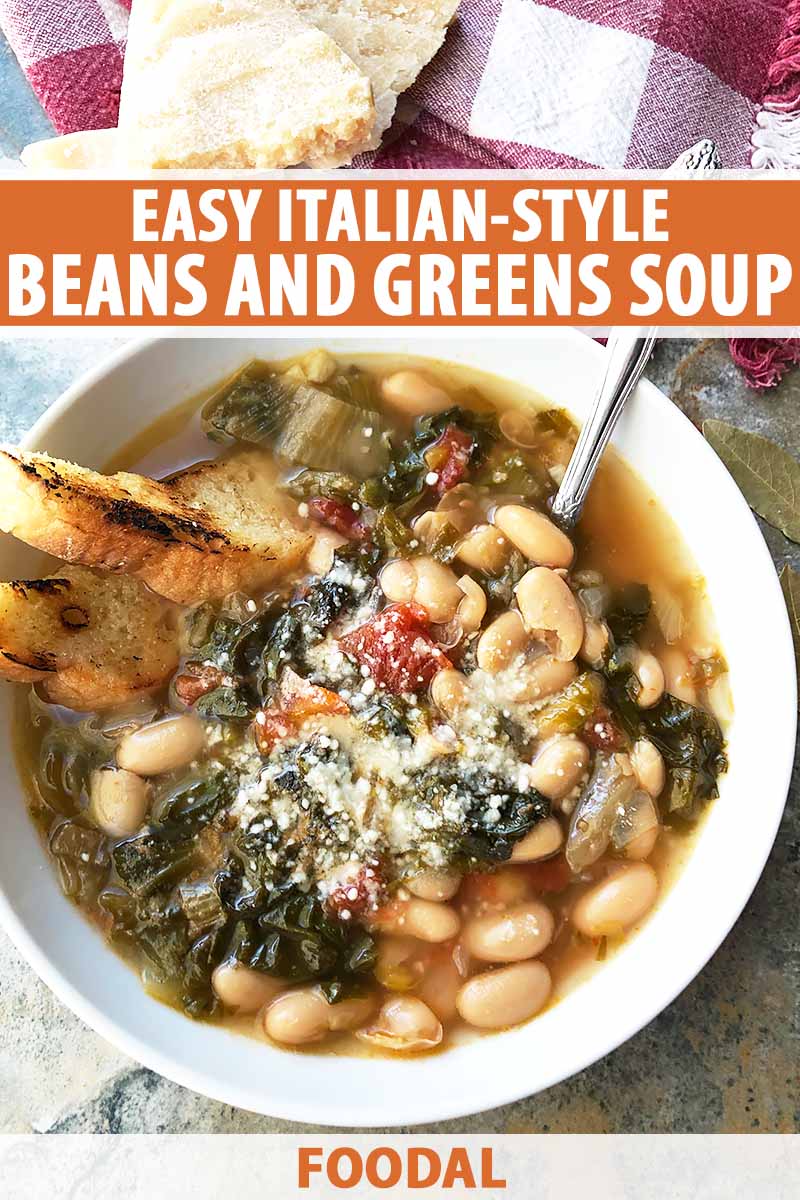 Vertical image of a bowl of greens and beans soup and a spoon, with text on the top and bottom of the image.