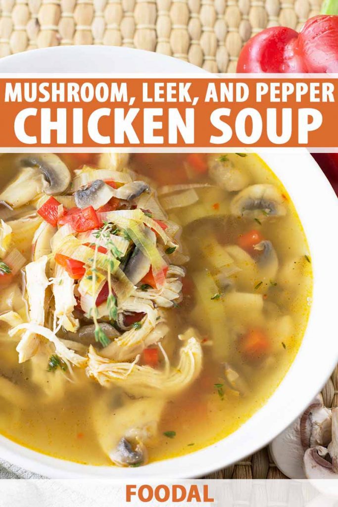 Vertical image of chicken soup with mushroom, pepper, and leeks in a white bowl, with text on the top and bottom of the image.