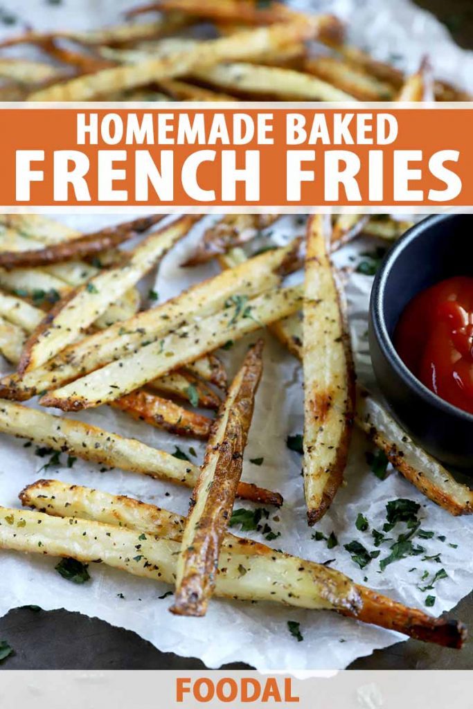 Vertical image of a parchment-covered baking sheet with seasoned french fries and ketchup, with text on the top and bottom of the image.