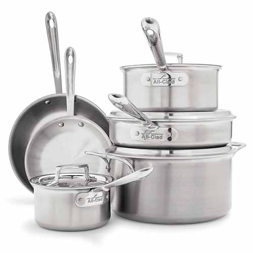 Image of All-Clad's Brushed Stainless Steel D5 10-Piece Set.