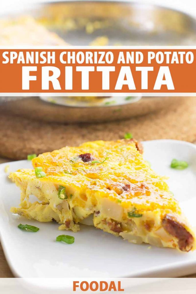 Vertical image of a slice of a frittata with assorted ingredients on a white plate garnished with sliced green onions, with text on the top and bottom.