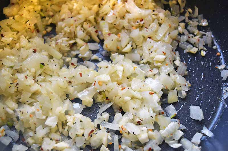 Closeup horizontal image of onions, garlic, and spices sauteeing in a frying pan.
