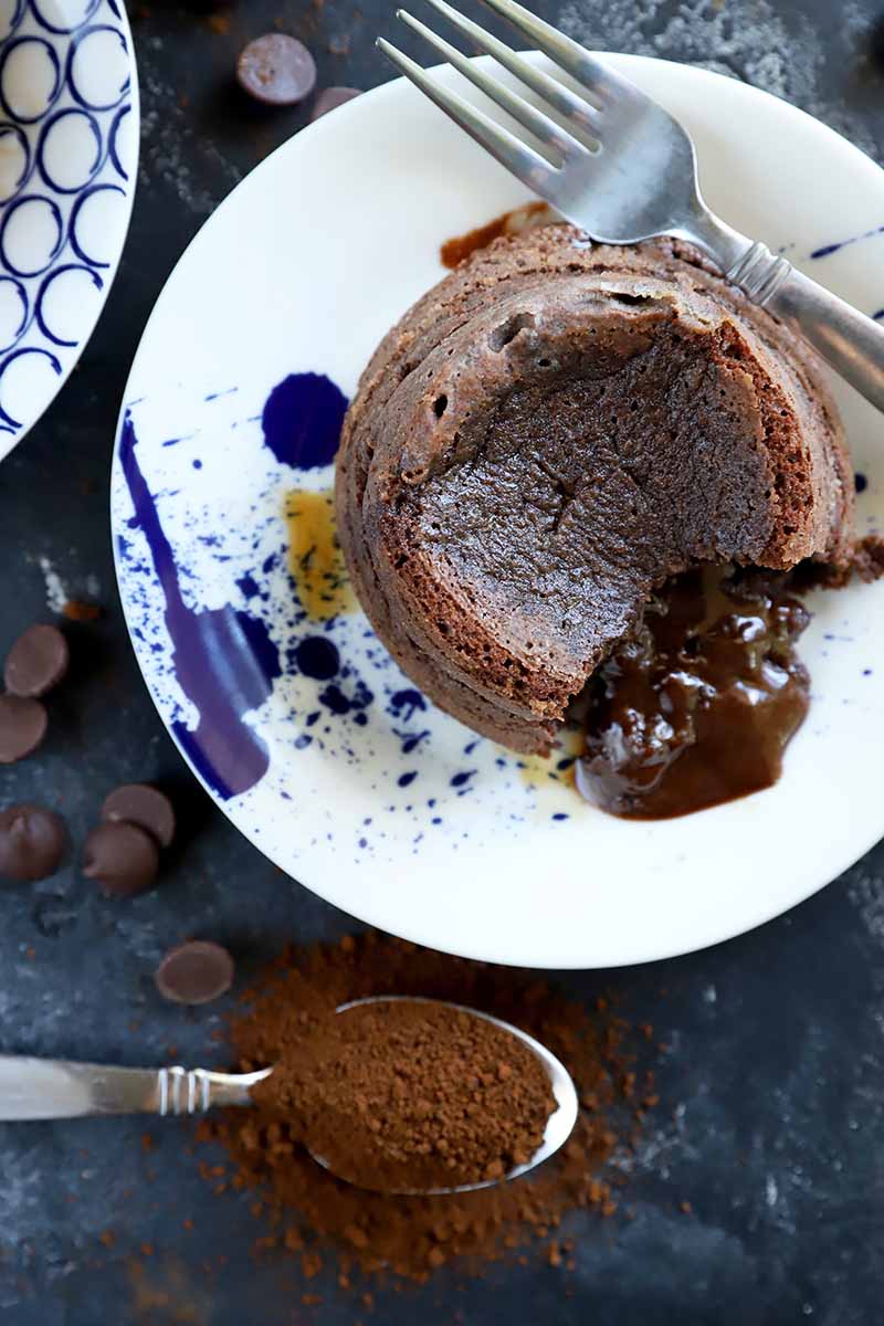 Vertical top-down image of a small chocolate cake with an oozing filling on a white and blue plate next to a spoon with cocoa powder.