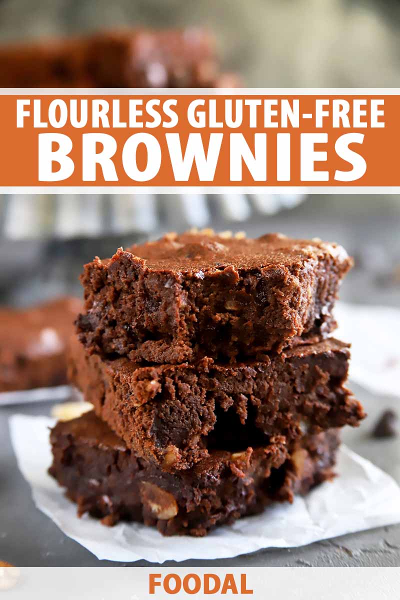 Vertical image of a tall stack of three thick brownies on a piece of parchment paper, with text on the top and bottom.