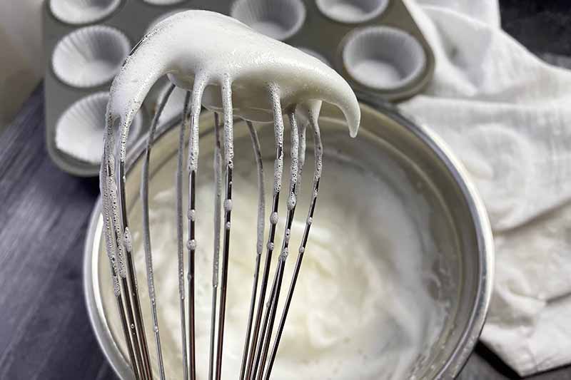 Horizontal image of a whisk holding whipped egg whites with a medium peak stiffness, in front of a muffin pan with white liners.