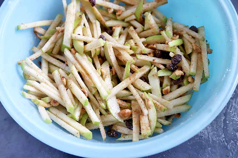 Horizontal image of matchstick apple slices mixed with dried fruits, nuts, and spices in a blue bowl.