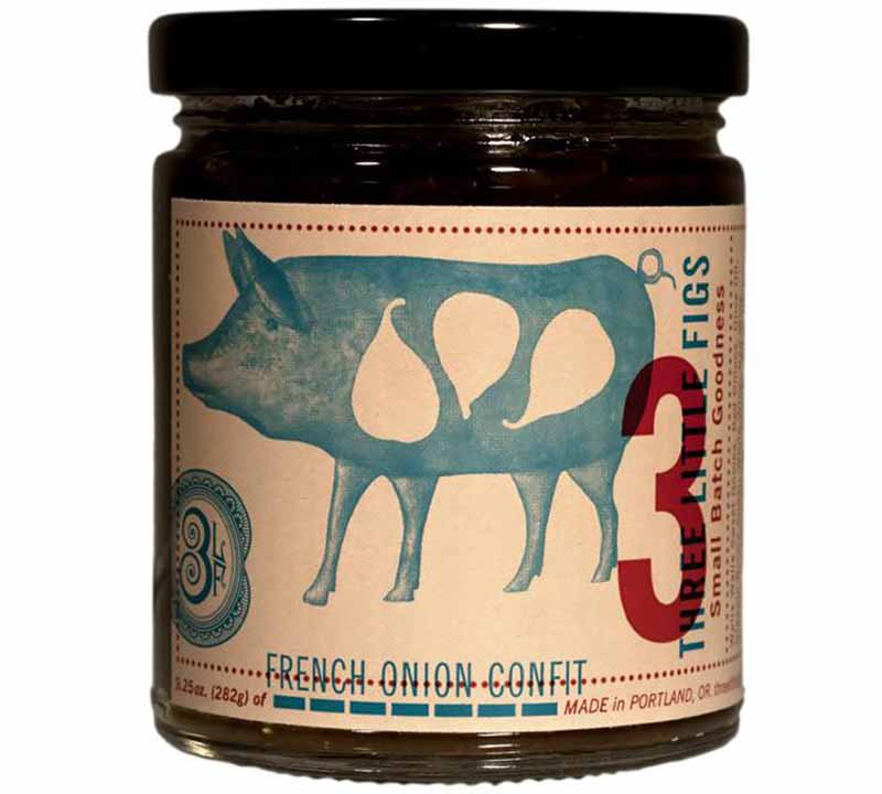 Image of a jar of French Onion Confit with a picture of a pig on the front label.