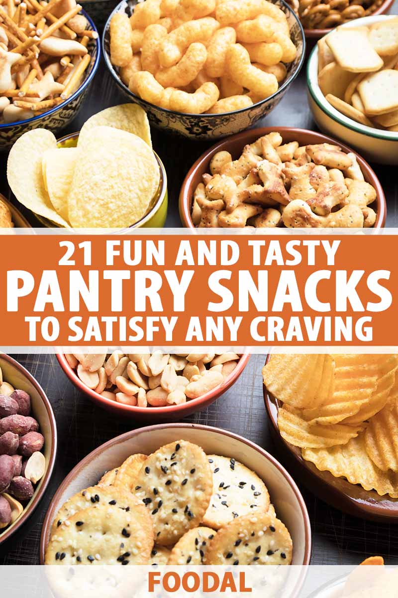 Vertical image of bowls of various crunchy snack foods, with text in the middle and on the bottom of the image.