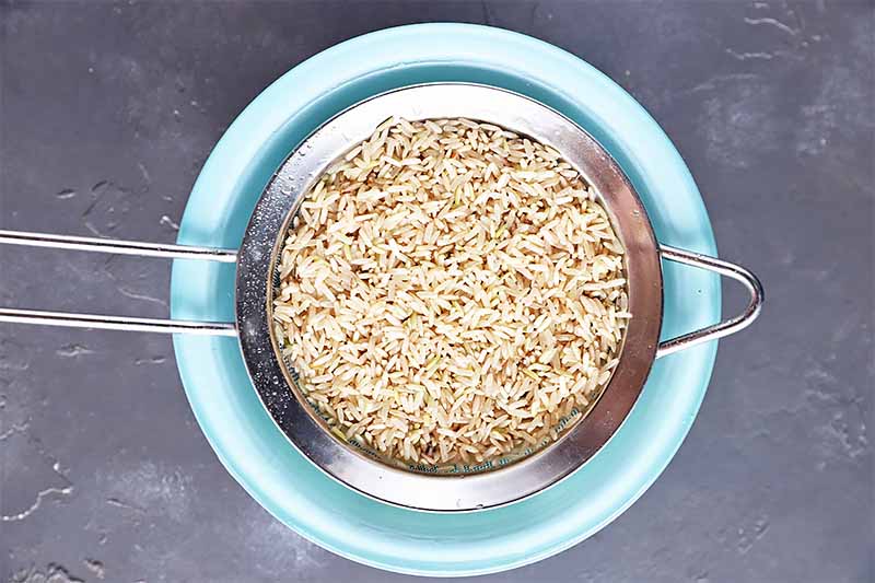 Horizontal image of draining grains over a blue bowl.