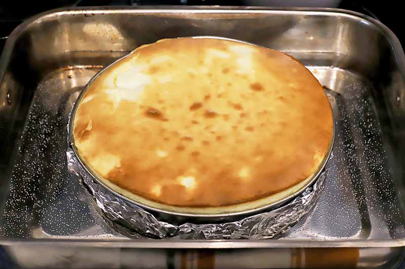 Horizontal image of a golden brown baked dessert in a round pan lined with aluminum foil in a water bath in an oven.