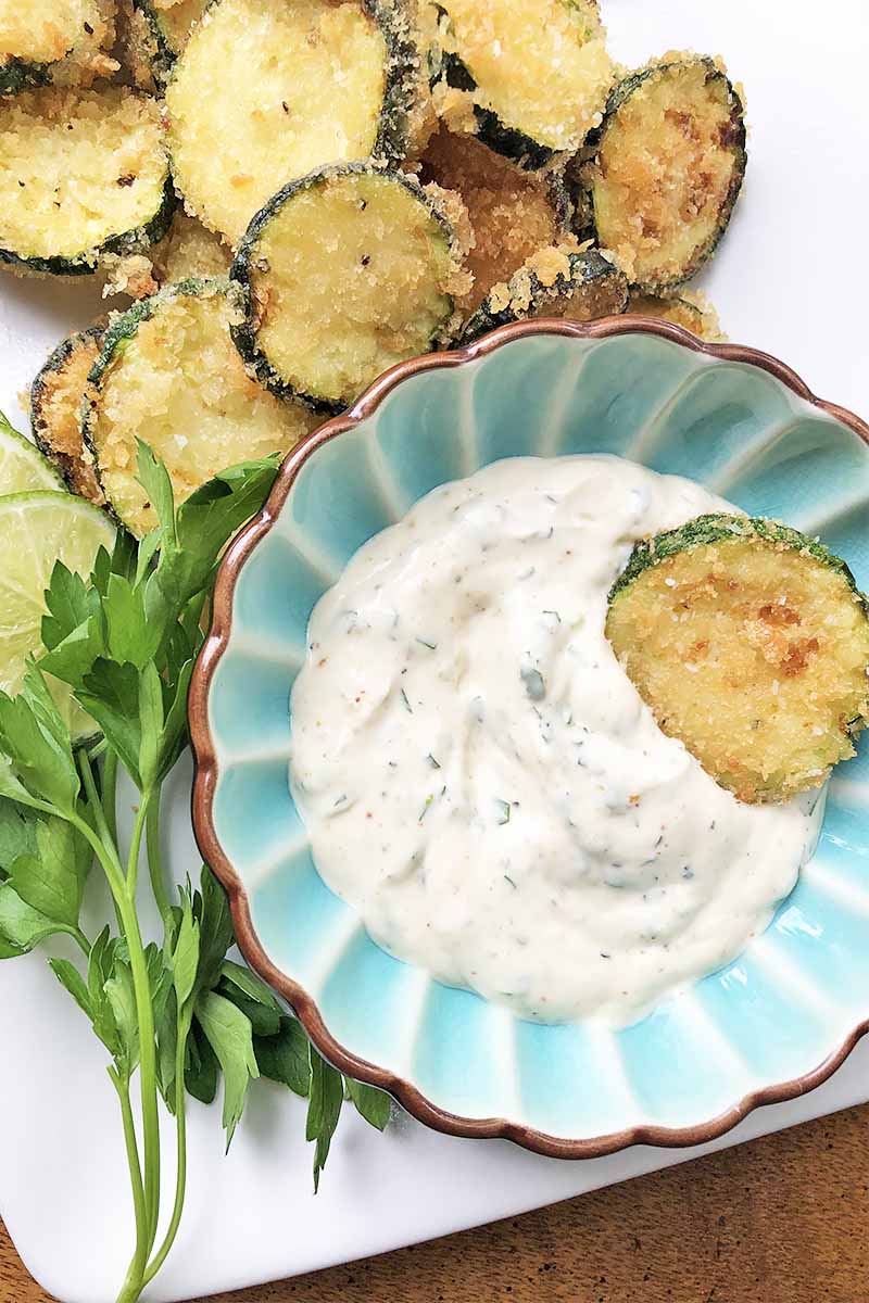 Vertical image of a white plate with crispy squash coins, fresh whole herbs, and a blue bowl with a creamy condiment.