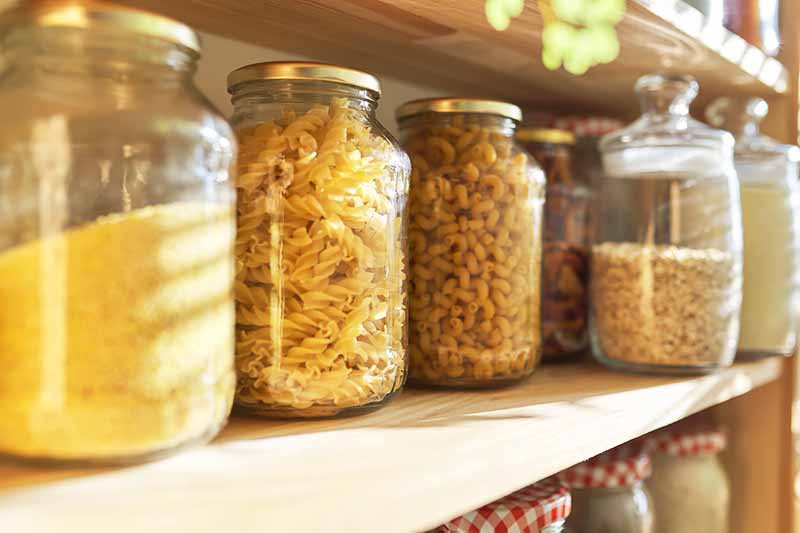 Horizontal image of jars of yellow dry goods on wooden shelves.