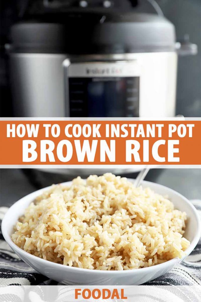 Vertical image of a white bowl filled with brown rice in front of an electric pressure cooker, with text in the middle.