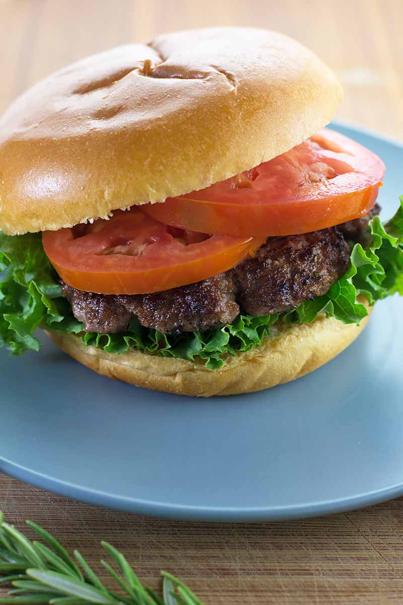 Vertical image of a burger with two tomato slices, a meat patty, and a leaf of lettuce on a light blue plate.