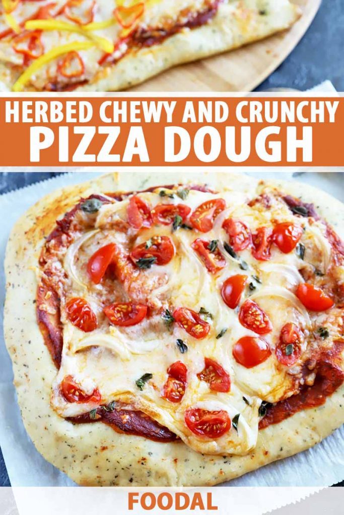 Vertical image of a whole pizza topped with cheese and tomatoes on parchment paper, with text on the top and bottom of the image.